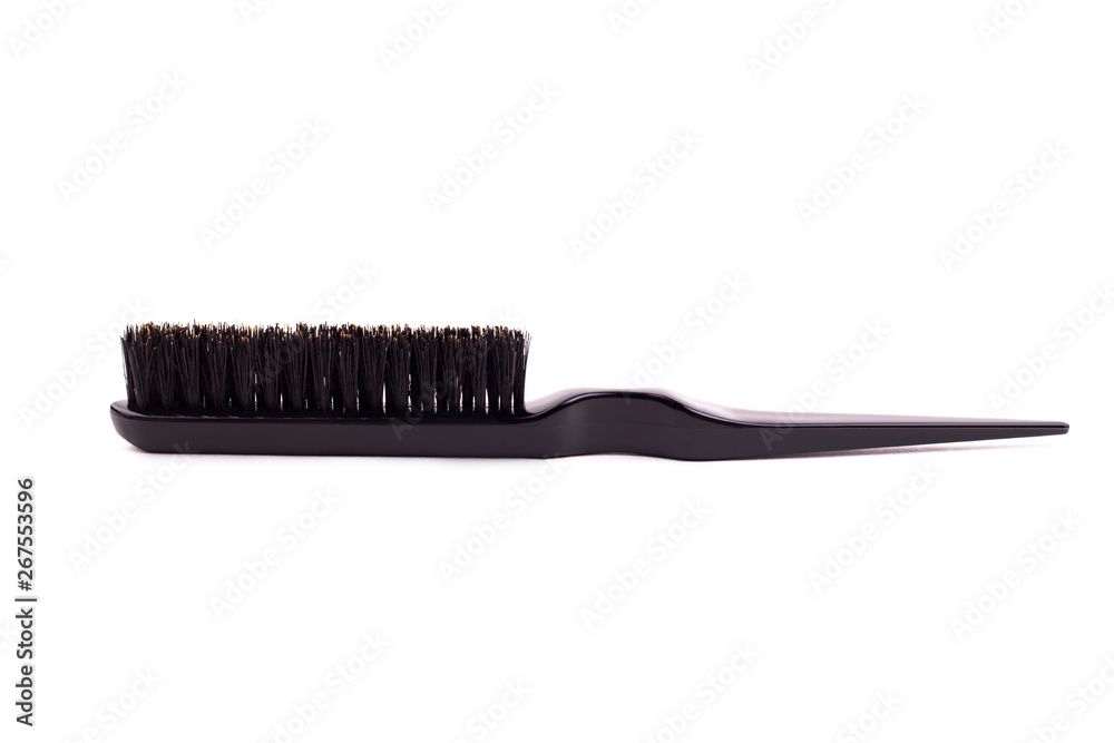 Boar wool comb brush isolate. Black hairbrush on white background