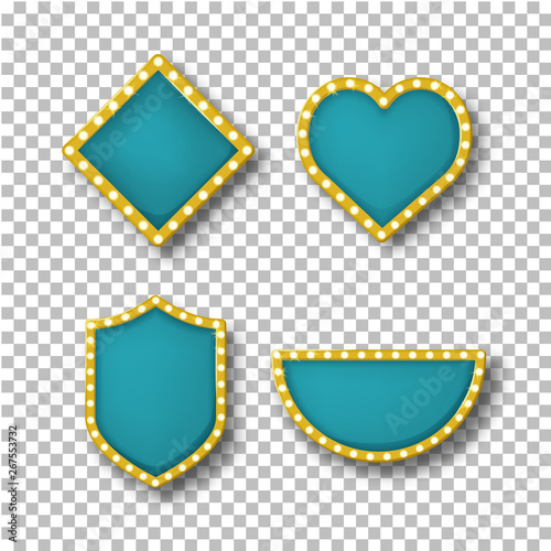 Neon frames, banners, in form of square, heart, shield, semicircle