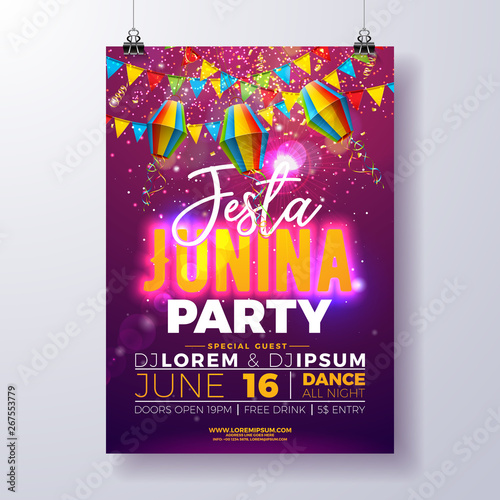 Festa Junina Party Flyer Design with Flags, Paper Lantern and Typography Design on Shiny Purple Background. Vector Traditional Brazil June Festival Illustration for Invitation or Holiday Celebration