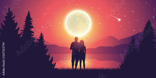 couple in love by the lake romantic full moon and starry sky vector illustration EPS10