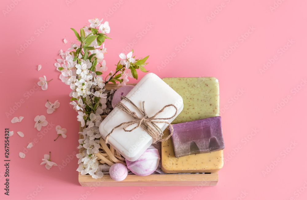 Spring Spa still Life on isolated pink background Spring Spa still Life on isolated pink background