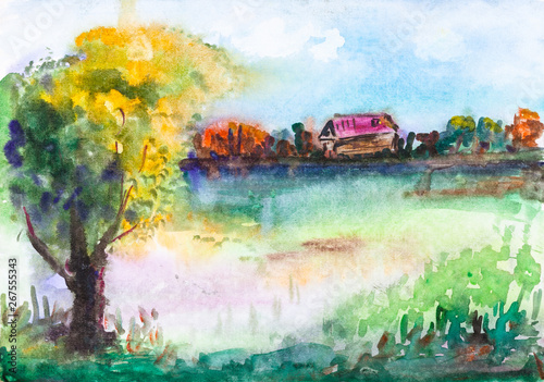 summer rural landscape with pond and old house