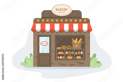 Showcase with fresh tasty bakery products. Bakery