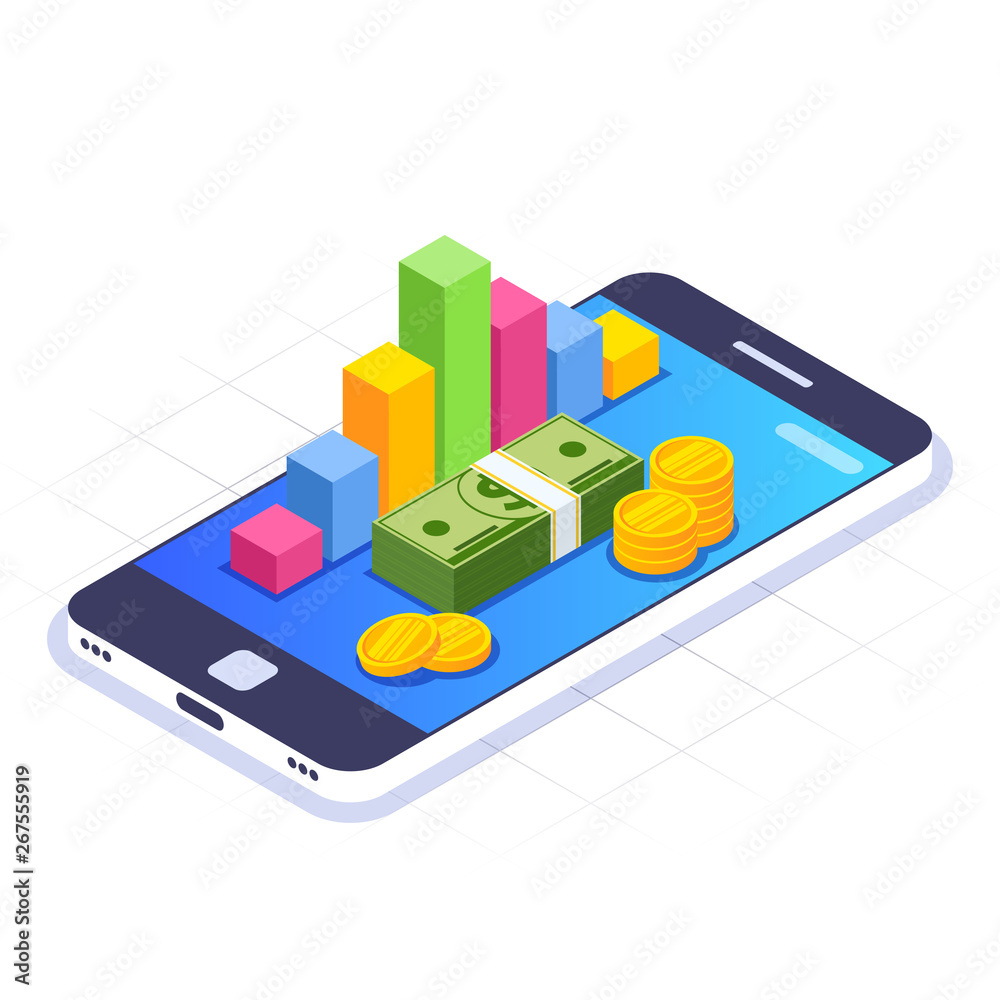 Business Analytics via mobile phone. Money stack and chart on device screen. Vector isometric illustration in modern 3d style. Isolated on white background. Business Analytics via mobile phone. Money stack and chart on device screen. Vector isometric illustration in modern 3d style. Isolated on white background.