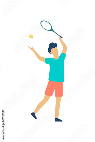 Happy boy play badminton. Guy holding racket.