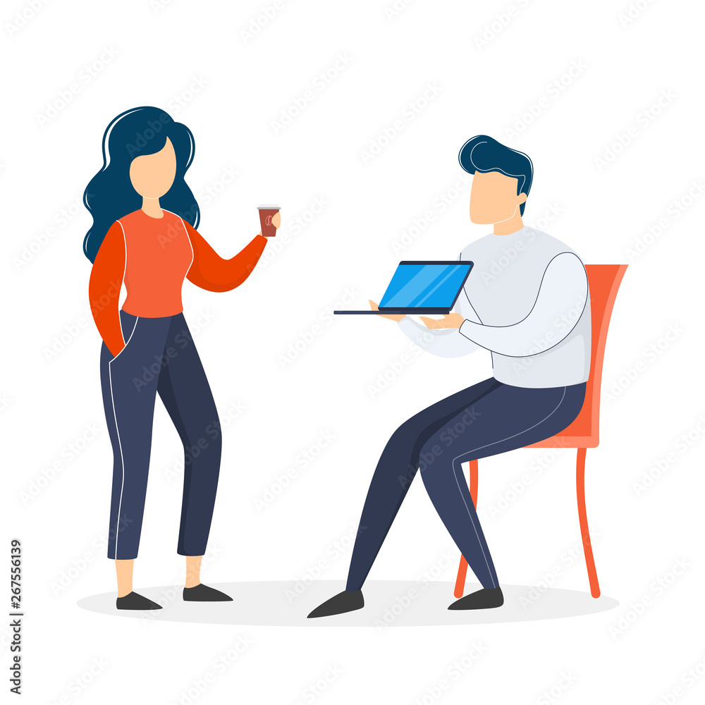 Two person talking on the office. Man sitting with laptop