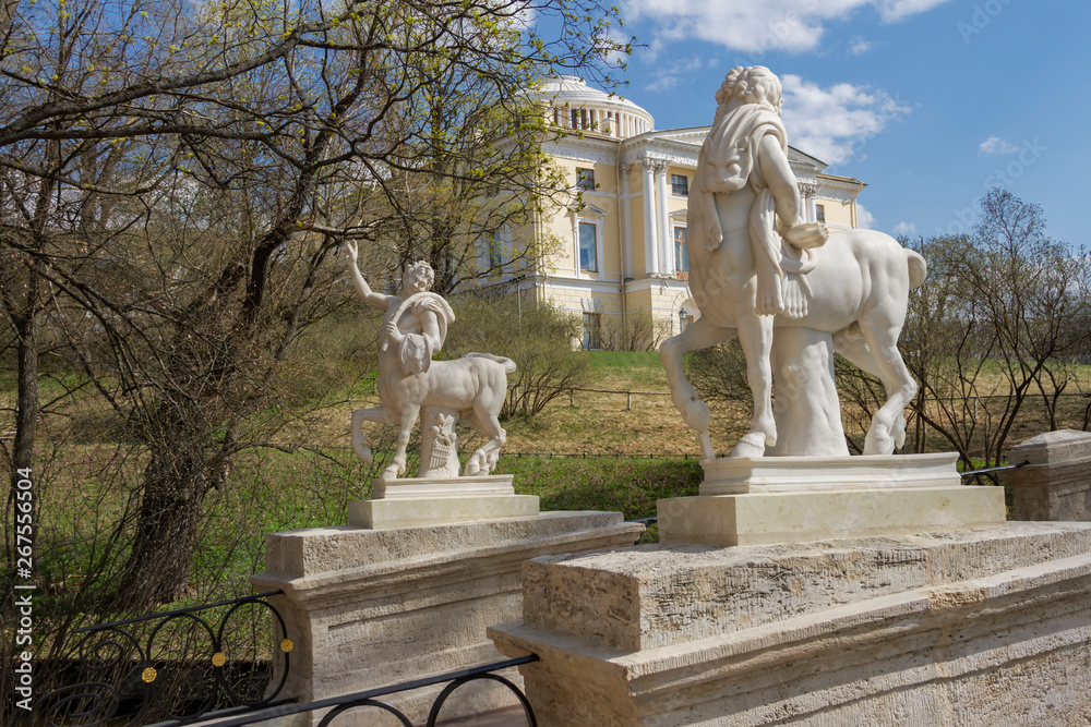 the bridge with centaurs and the Pavlovsk Palace in clear spring day