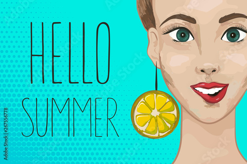 Bright summer advertising poster with the image of a beautiful girl. Hello summer. Vector hand-drawn illustration