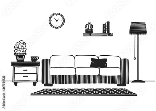 Interior in Scandinavian style. Part of the room. Hand drawn vector illustration