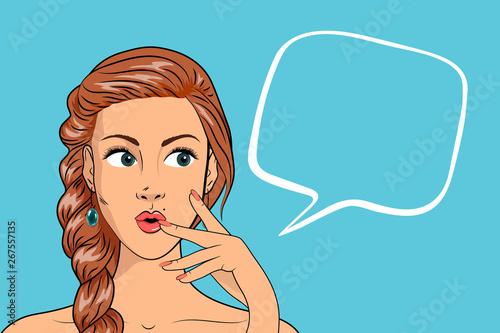 Beautiful Thinking Woman. Speech bubble blank. Advertising poster of sale or discount with sexy girl. Vector illustration