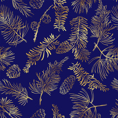 Wandcirkels Blauw goud patronen Gouden takjes kerstpatroon blauw  © elinka_art