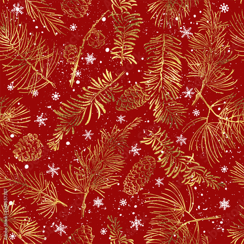 Seamless pattern with golden branches. Christmas and New Year red background.