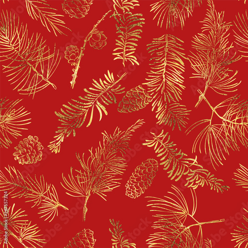 Seamless pattern with golden branches. Christmas and New Year background.