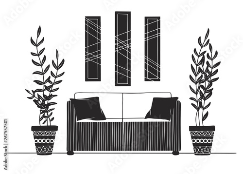 Part of the room. Sofa, plants in pots and a picture on the wall. Hand drawn vector illustration