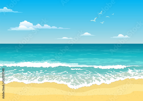 Seascape with waves, cloudy sky and seagulls. Tourism and travelling. Vector flat design