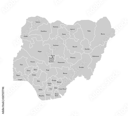 Vector isolated illustration of simplified administrative map of Nigeria. Borders and names of the provinces  regions . Grey silhouettes. White outline