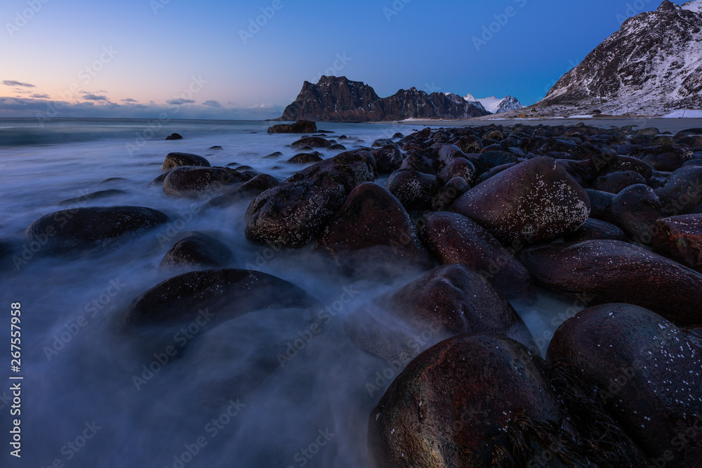 Uttakleiv beach at sunset, Lofoten archipelago, Norway, Scandinavia