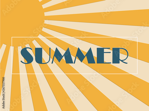 Summer background concept with sunburst in paper cut and pop art style.