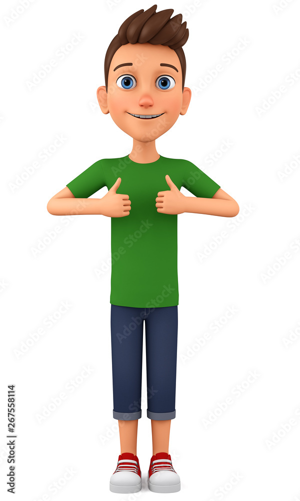 Cartoon character guy shows two fingers up. 3d render illustration. Illustration for advertising.