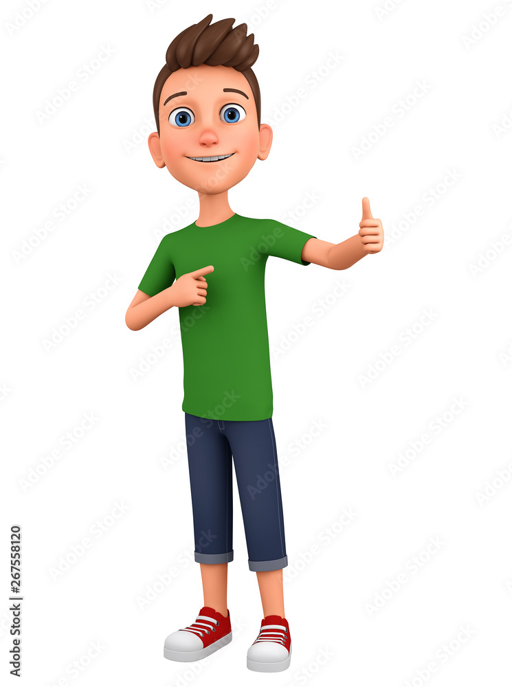 Cartoon character guy points thumb up. 3d render illustration. Illustration for advertising. Cartoon character guy points thumb up. 3d render illustration. Illustration for advertising.