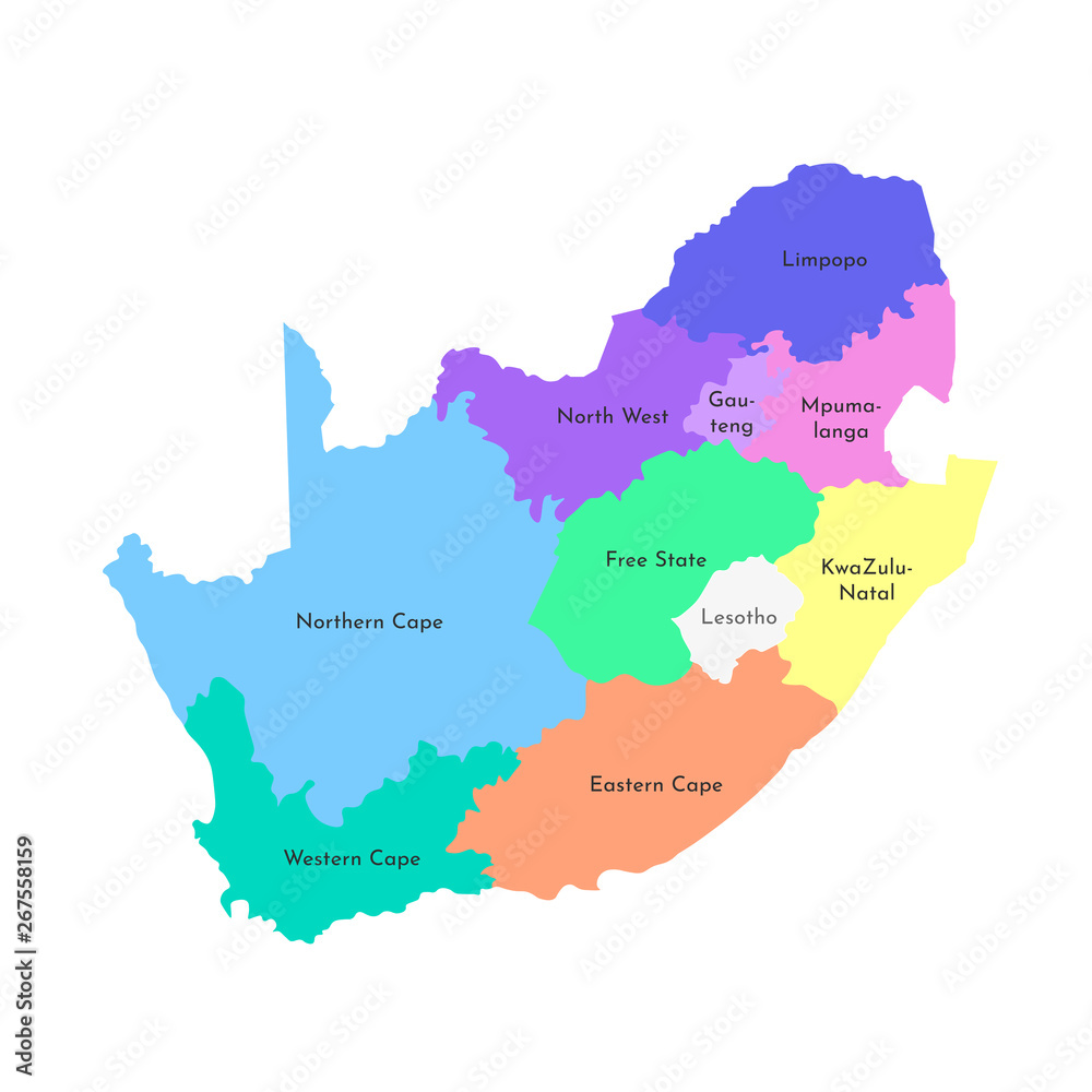 Vector isolated illustration of simplified administrative map of South Africa. Borders and names of the regions. Multi colored silhouettes
