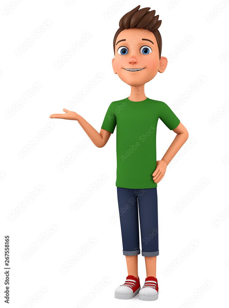Cartoon character guy hand on empty space. 3d render illustration. Illustration for advertising. Cartoon character guy hand on empty space. 3d render illustration. Illustration for advertising.