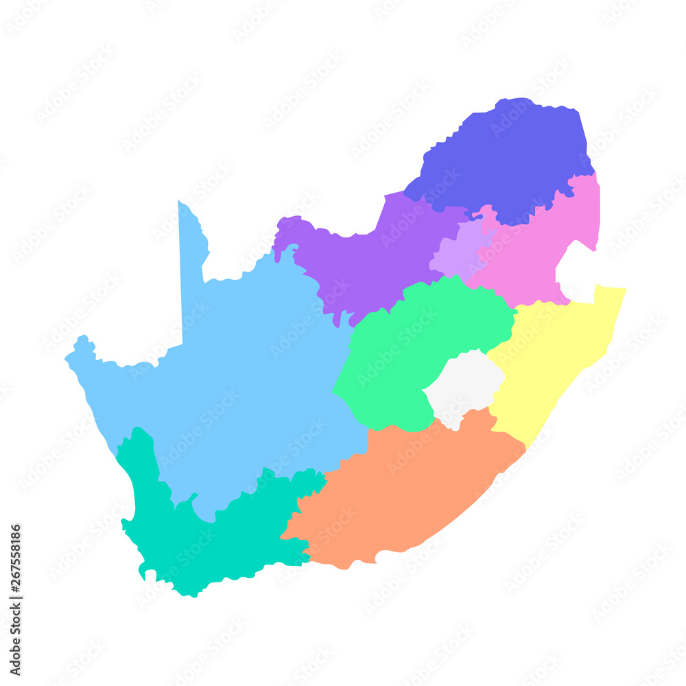 Vector isolated illustration of simplified administrative map of South Africa. Borders of the regions. Multi colored silhouettes