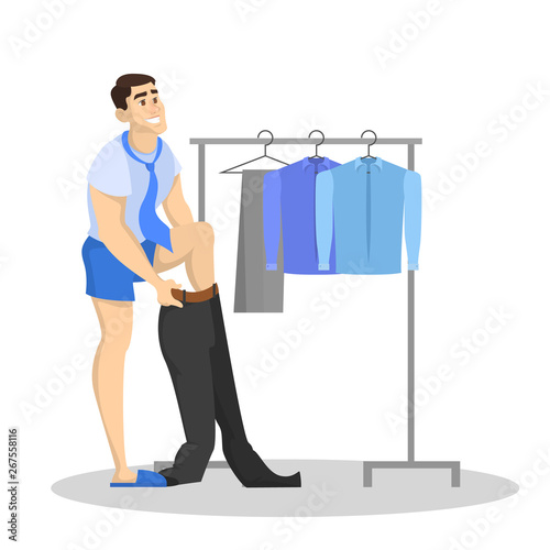 Man put on his pants. Business clothes, white shirt