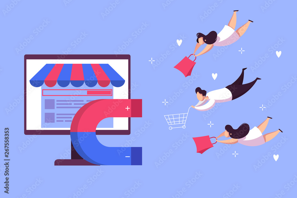 Magnet attract customer web banner concept. Business marketing Magnet attract customer web banner concept. Business marketing