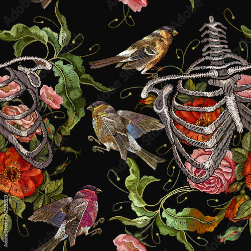Gothic embroidery human rib cage with red roses and titmouse seamless pattern. Art template for clothes, textiles, t-shirt design