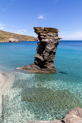 The "Grias to Pidima" beach. Famous beach with unusual stone (island Andros, Cyclades, Greece)