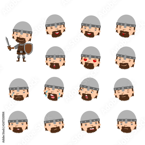 Collection of facial expressions with different emotions of medieval warrior in cartoon style isolated on white background