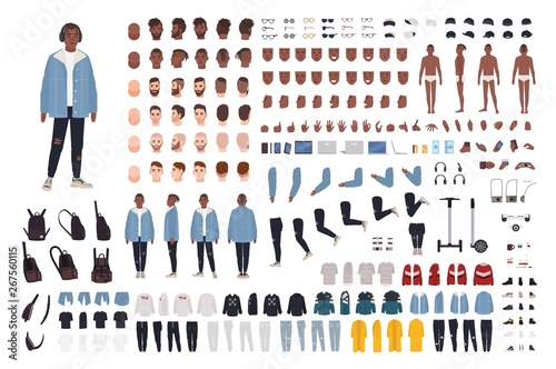 African American guy in street style outfit constructor set or DIY kit. Bundle of body parts, trendy clothes and accessories. Male cartoon character. Front, side, back views. Vector illustration.