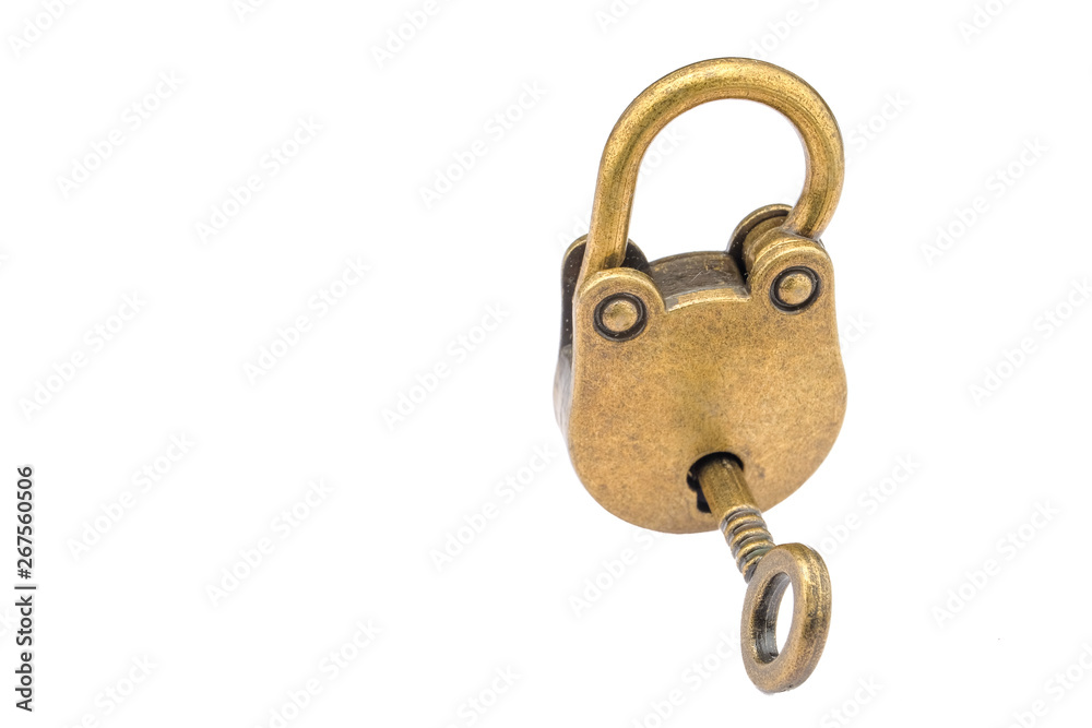 Bronze key and padlock isolated on white  background .