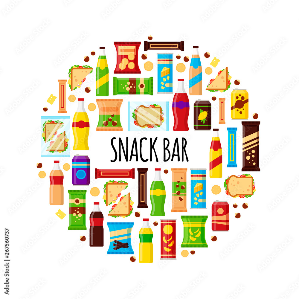 Snack product in circle. Fast food snacks, drinks, nuts, chips, cracker, juice, sandwich for snack bar isolated on white background. Flat illustration in vector