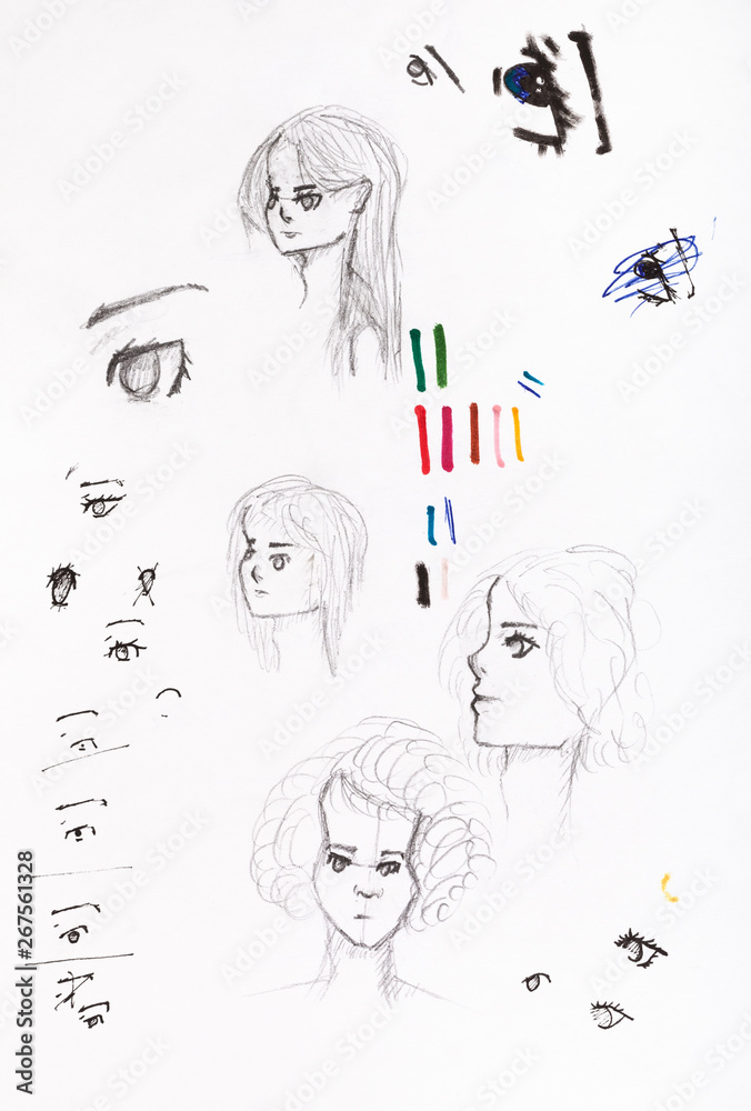 sketches of girl's heads and eyes sketches of girl's heads and eyes
