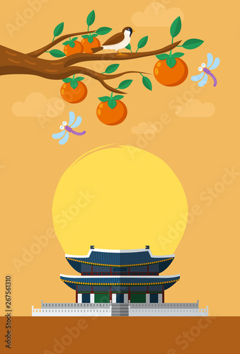 Chuseok, Korean Mid autumn festival banner,  Illustration of persimmon tree and autumn leaves.