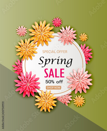 Spring sale background with beautiful colorful flower. Vector illustration