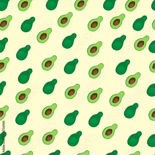 Seamless pattern in vintage and cartoon style with the image of green avocado and avocado with bone on a beige background.