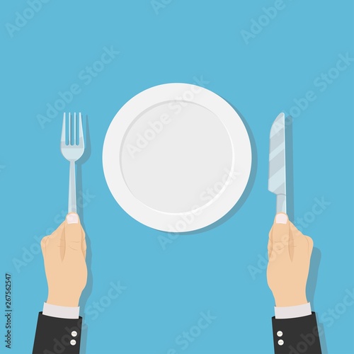 Hands holding fork and knife with empty plate. Restaurant or cafe logo template design. Top view. Waiting for meal icon.