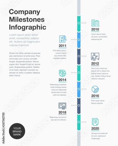 Business infographic for company milestones timeline template with line icons. Easy to use for your website or presentation.