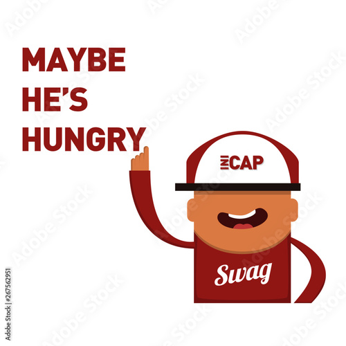 Swag boy with red clothes, hat and shoes pointing upwards and saying maybe someone is hungry