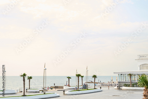 the modern beach lounge nobody. Nice weather. Odessa 16 august 2017