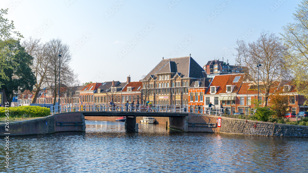 Naklejka premium Haarlem, Netherlands – April 14, 2019: Haarlem canals and architecture, Netherlands