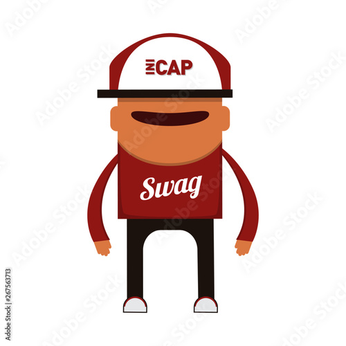Swag boy with red clothes, hat and shoes smirking while stand