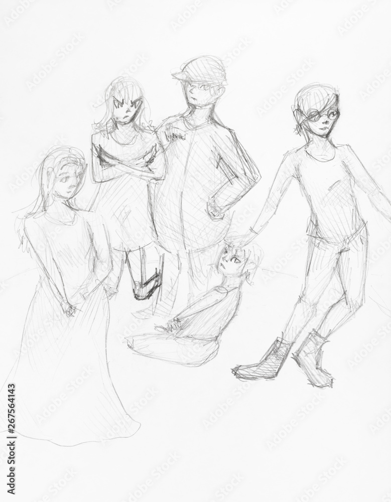 Fototapeta premium sketch of group of teenagers hand drawn by pencil
