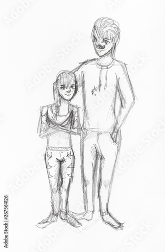 sketch of low girl and tall mustached guy