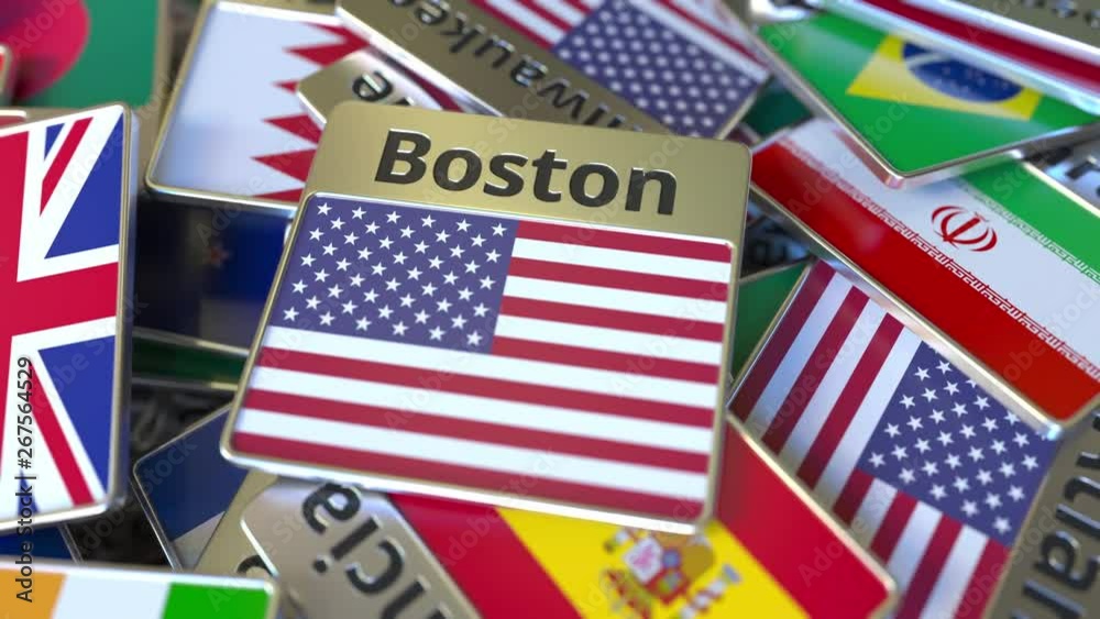 Souvenir magnet or badge with Boston text and national flag among different ones. Traveling to the United States conceptual intro animation