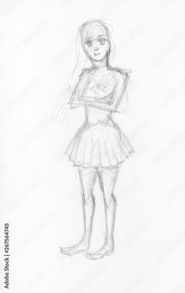 girl in short dress hand drawn by black pencil girl in short dress hand drawn by black pencil