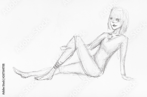 sketch of girl making sport exercise by pencil photo